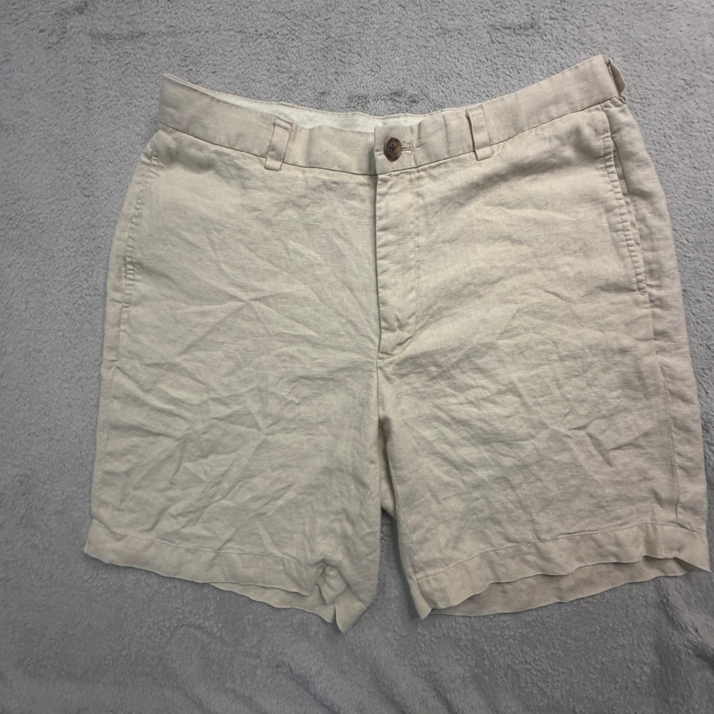 Brooks Brothers 346 Mens Beige 100% Linen Flat Front Shorts Size 35